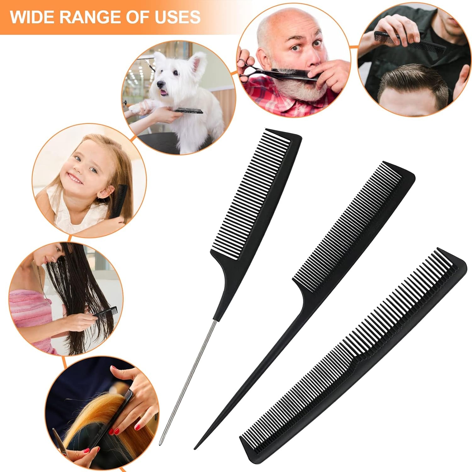 Comb, 3 Pieces Tail Combs Set, Fine Tooth Combs, Carbon Fibre Stylingcombs, Hairdressing Comb, Teasing Haircomb for Women and Men, anti Static, Heat Resistant