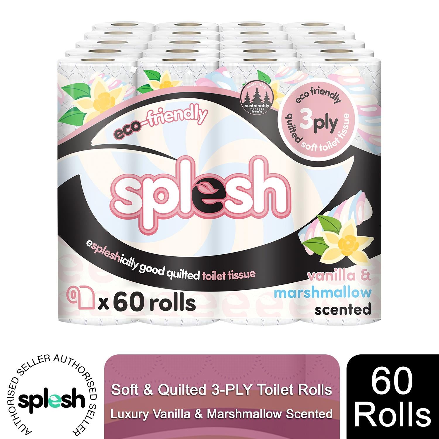 Splesh Toilet Rolls 60 Pack - White, Lavender, Vanilla, Aloe, Luna or Watermelon