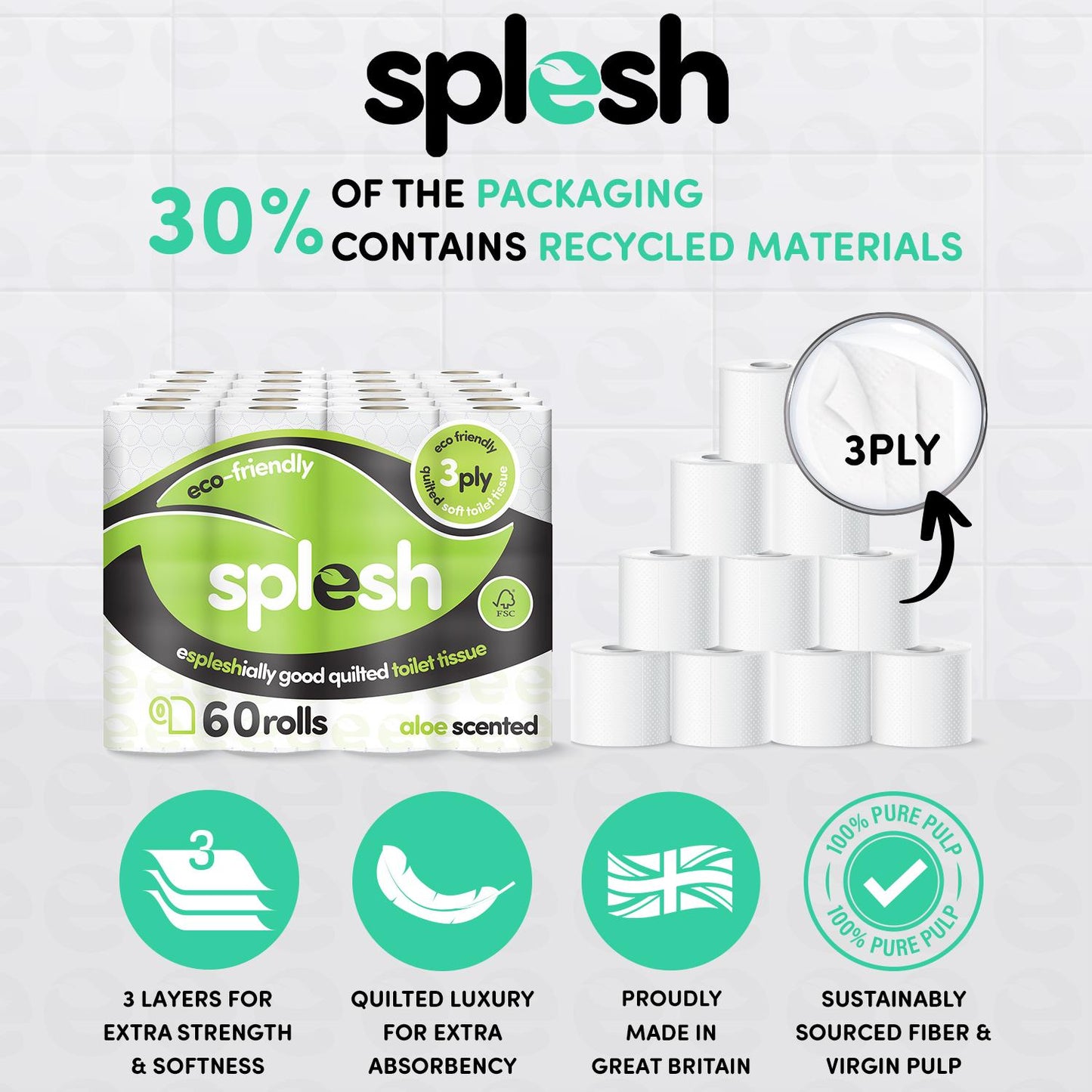 Splesh Toilet Rolls 60 Pack - White, Lavender, Vanilla, Aloe, Luna or Watermelon