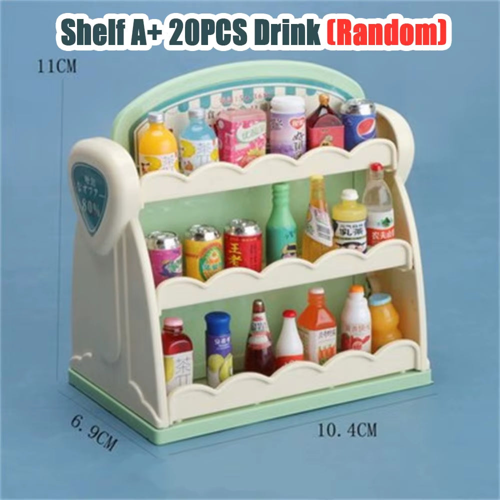 21PCS Drink Shelf Simulation Supermarket Miniature Furniture Model Dollhouse Accessories Shop Bread Dessert Food Kitchen Toy