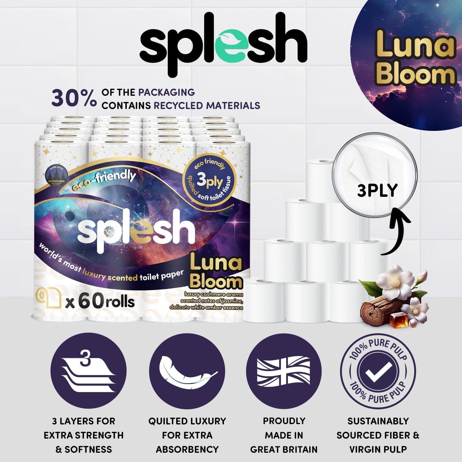 Splesh Toilet Rolls 60 Pack - White, Lavender, Vanilla, Aloe, Luna or Watermelon