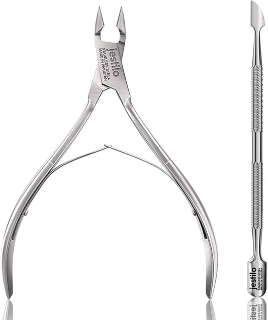 Cuticle Remover Tool Set with Cuticle Cutter and Cuticle Pusher - Stainless Steel Professional Cuticle Nipper and Pusher Nail Care Tools for Salon and Level Mani-Pedi at Home (Silver)