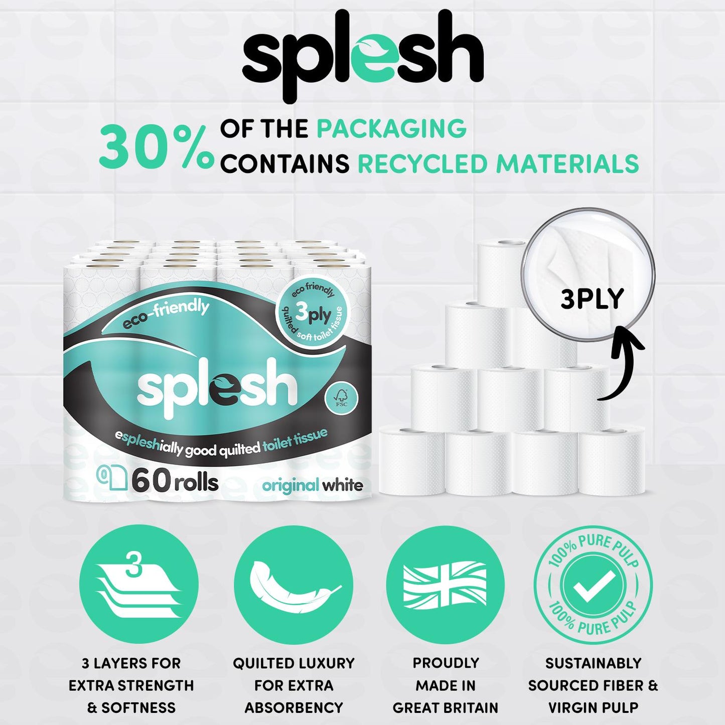 Splesh Toilet Rolls 60 Pack - White, Lavender, Vanilla, Aloe, Luna or Watermelon