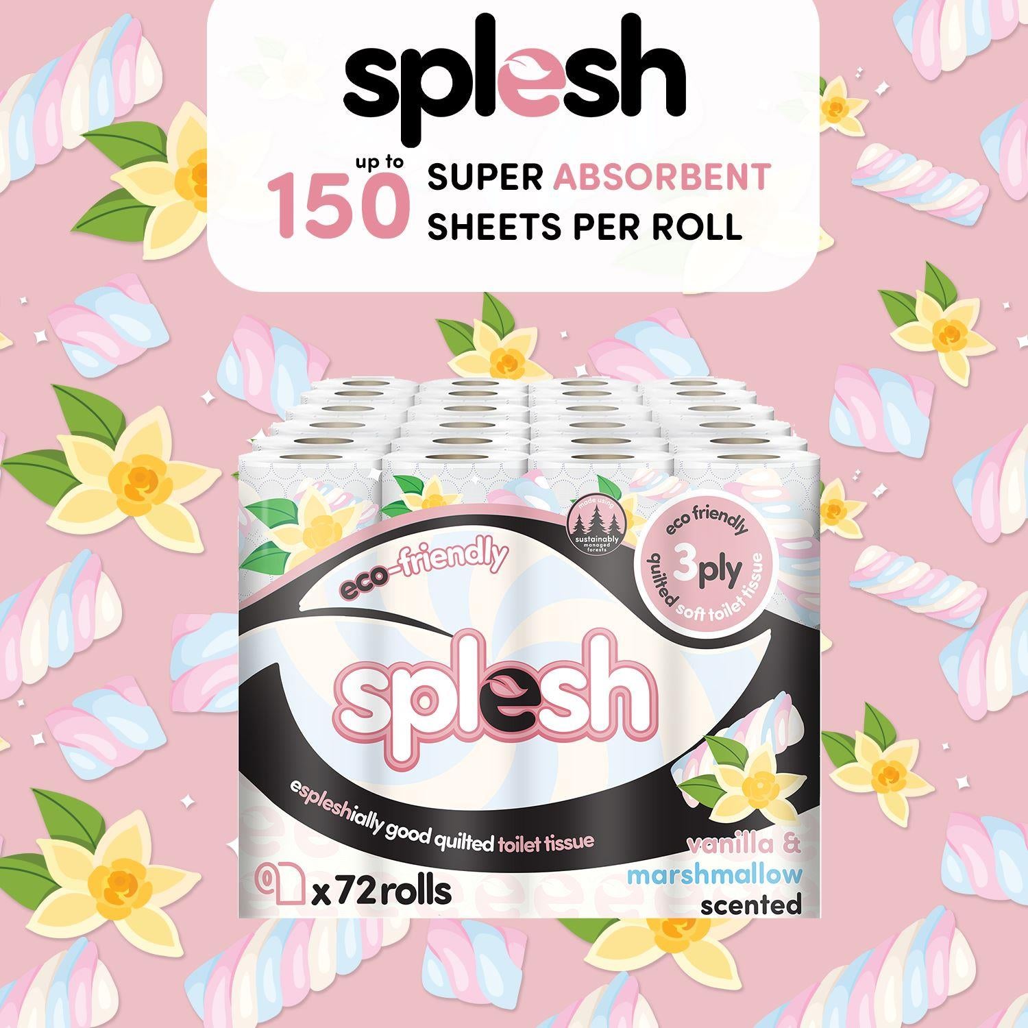 Splesh Toilet Rolls 60 Pack - White, Lavender, Vanilla, Aloe, Luna or Watermelon