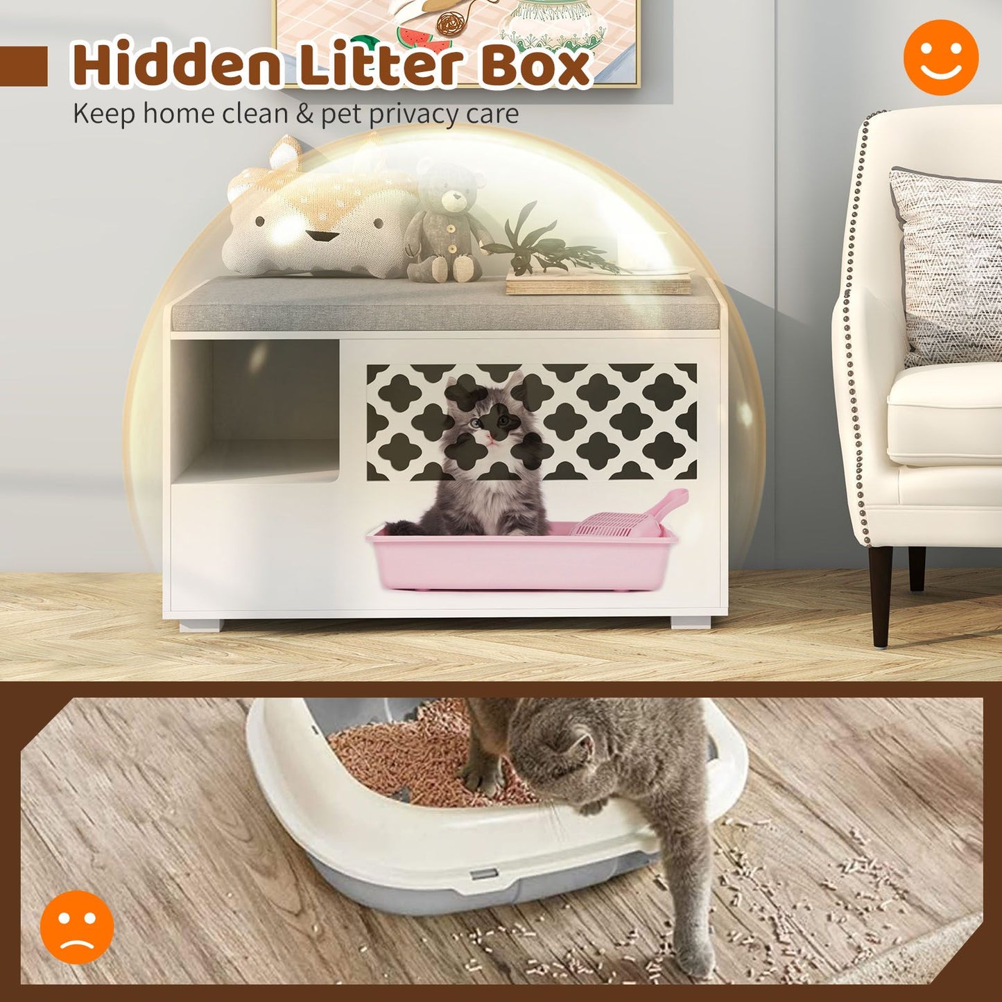 Cat Litter Box Enclosure with Removable Cushion and Door