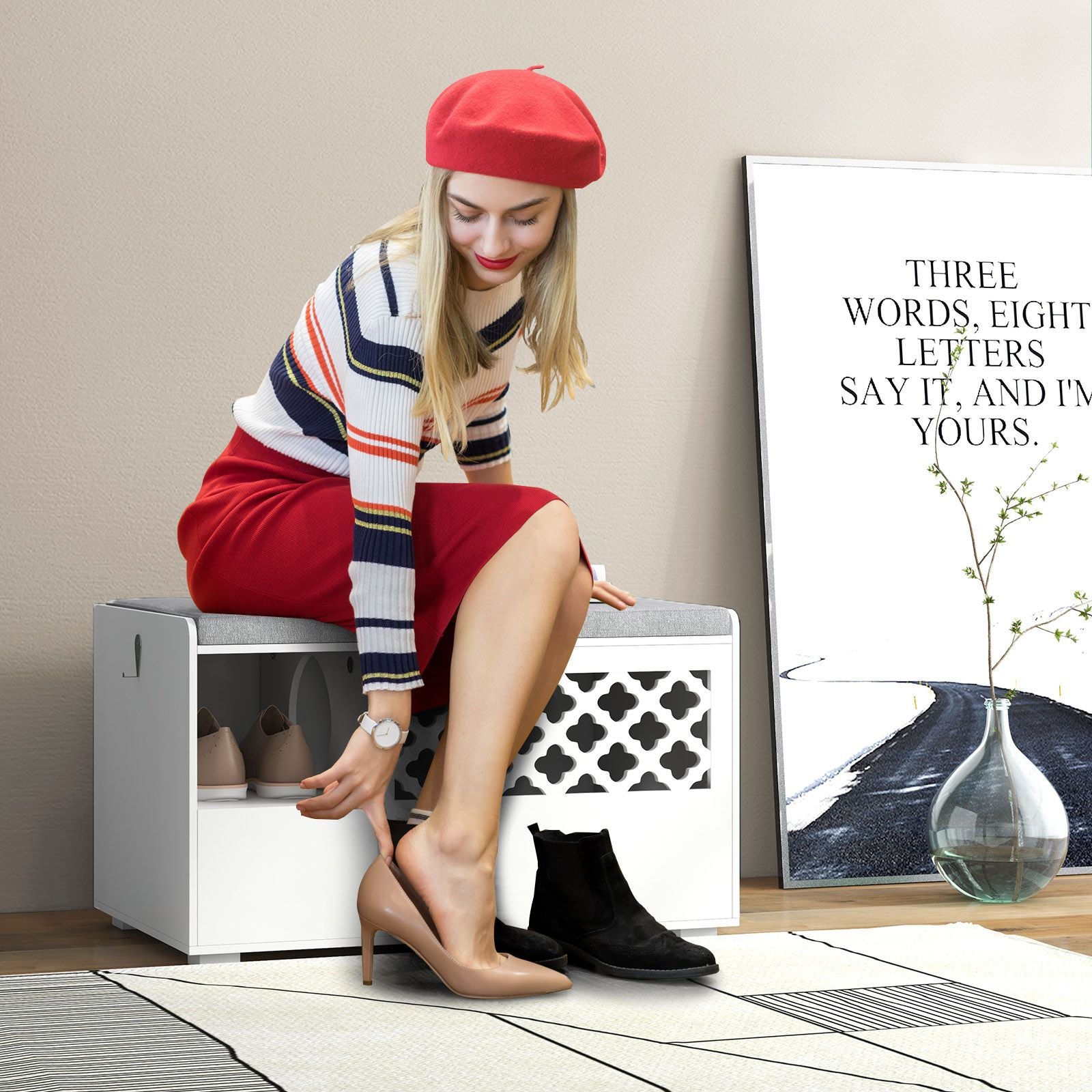 Cat Litter Box Enclosure with Removable Cushion and Door