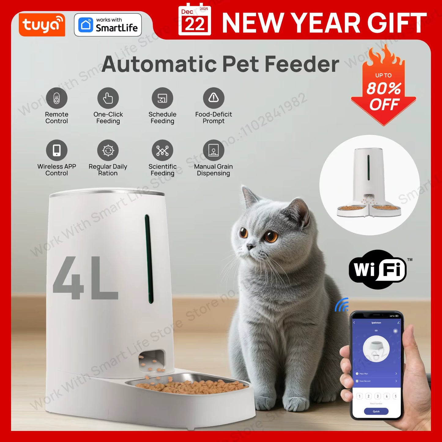 4L Automatic Pet Feeder For1/2Cats,Wifi Smart Feed Automatic Pet Feeder for Cats& Dogs,Timed Pet Food Dispenser with APP Control