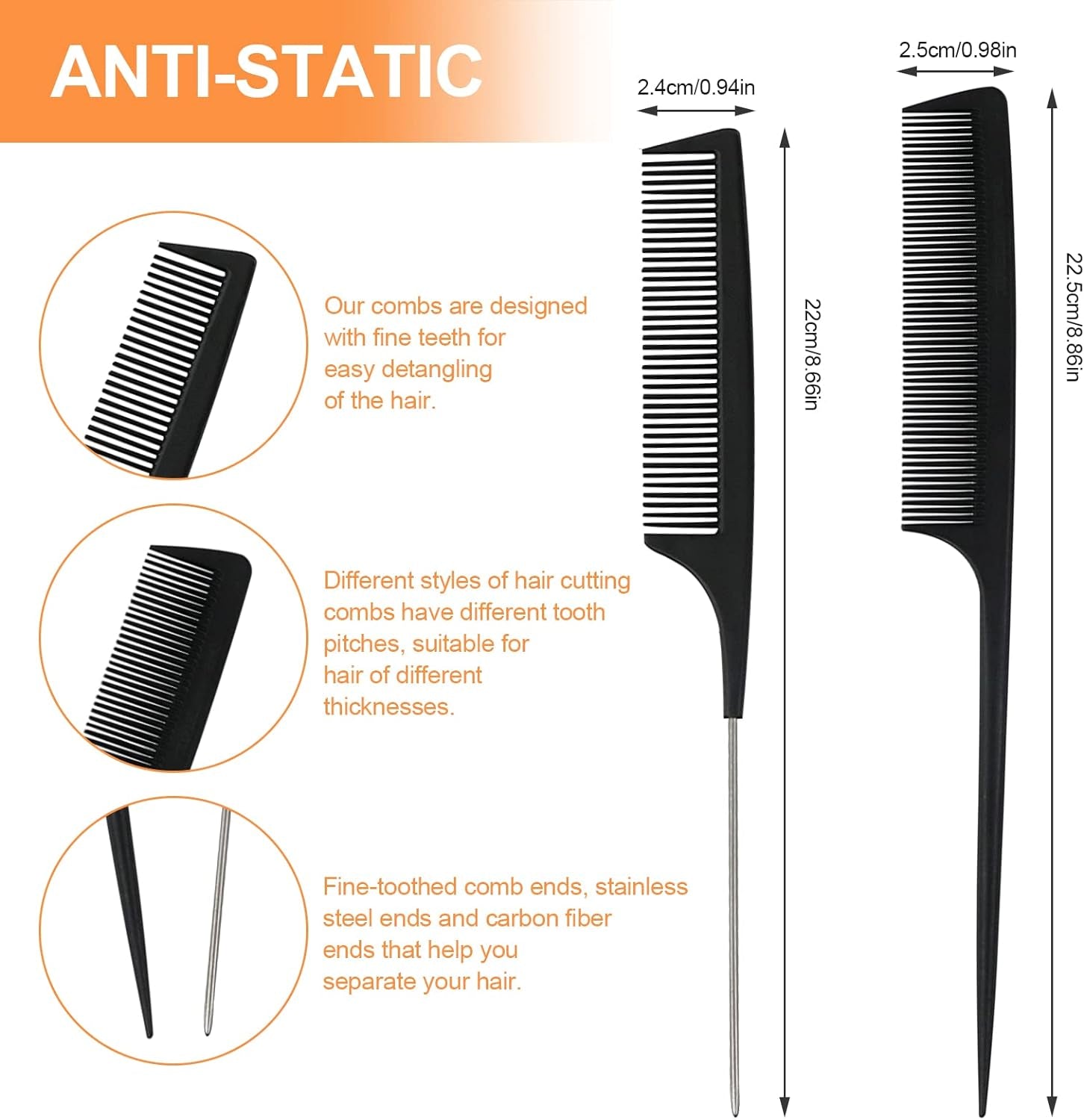 Comb, 3 Pieces Tail Combs Set, Fine Tooth Combs, Carbon Fibre Stylingcombs, Hairdressing Comb, Teasing Haircomb for Women and Men, anti Static, Heat Resistant