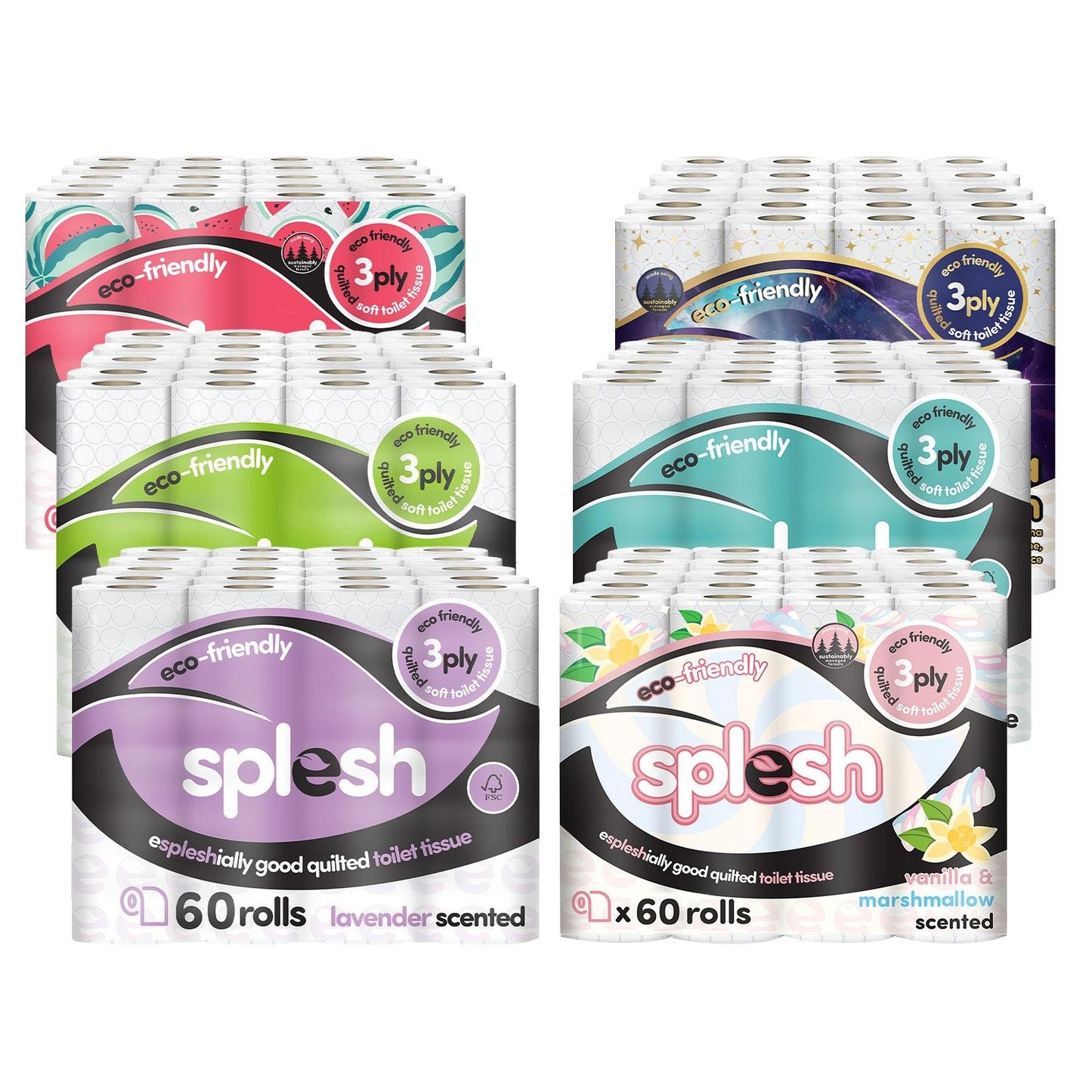 Splesh Toilet Rolls 60 Pack - White, Lavender, Vanilla, Aloe, Luna or Watermelon