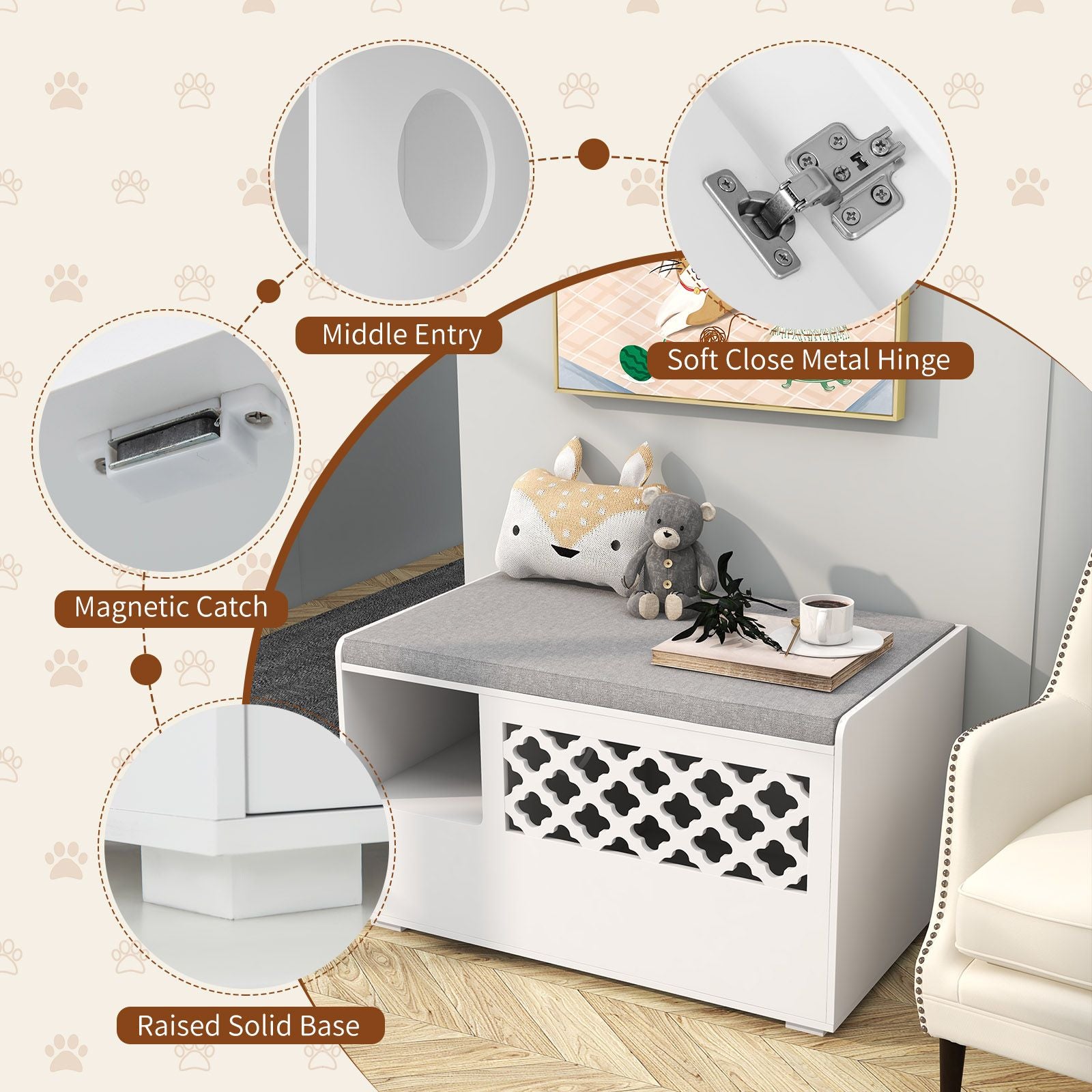 Cat Litter Box Enclosure with Removable Cushion and Door