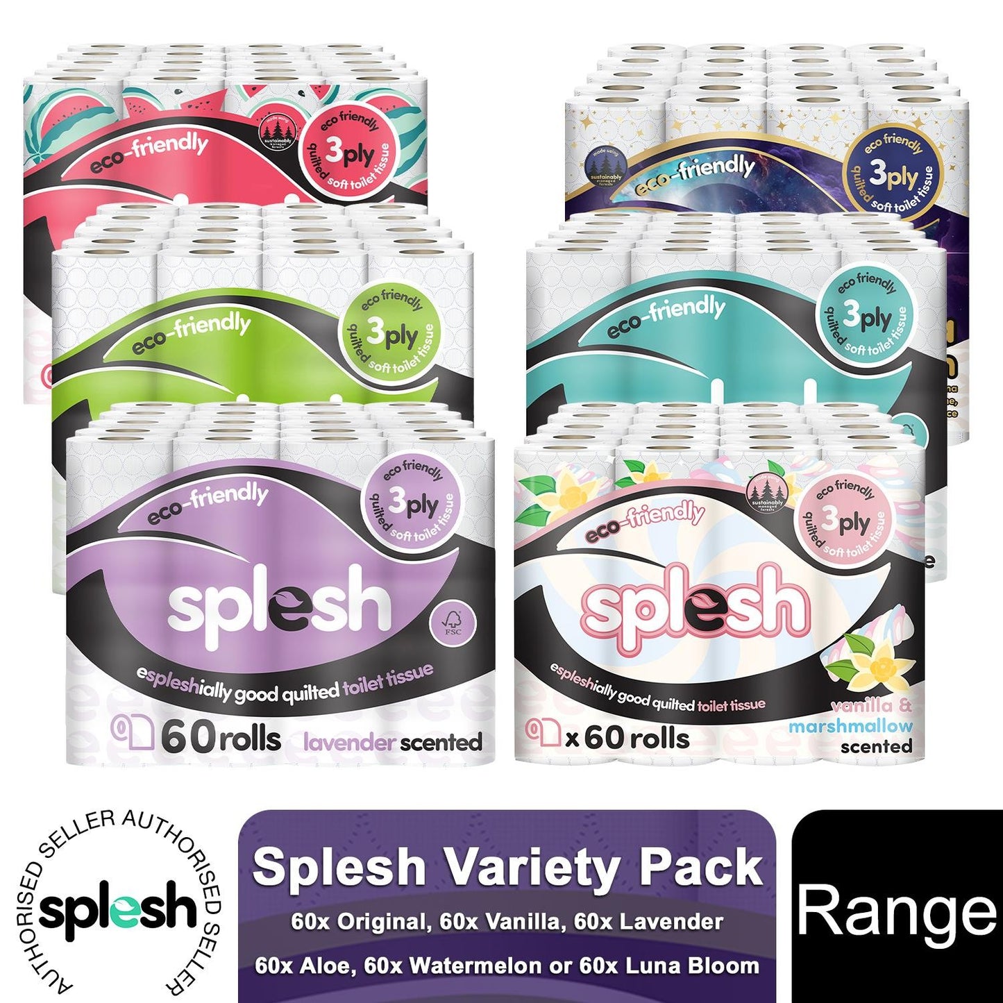 Splesh Toilet Rolls 60 Pack - White, Lavender, Vanilla, Aloe, Luna or Watermelon